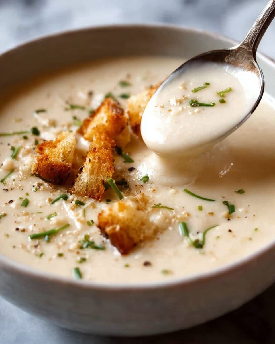 A close-up of a creamy light beige soup with a smooth texture filling a dark bowl. The soup is topped with small golden brown croutons and sprinkled with green chopped herbs. A shiny silver spoon lifts a thick scoop of the soup, showing its rich and velvety consistency. The background is a white marbled texture. photo taken with an iphone --ar 4:5 --v 7