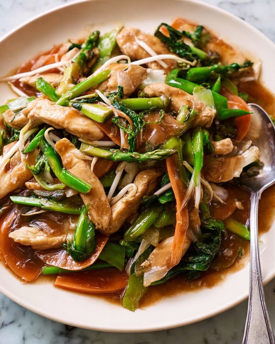 This dish shows several layers of stir-fried ingredients on a white plate, placed on a white marbled surface. The bottom layer consists of thin orange carrot slices scattered across. On top of the carrots, there is a mix of light brown cooked chicken pieces that are smooth and shiny from the sauce. Bright green leafy vegetables and asparagus stalks are spread throughout, adding fresh color and texture. Thin white bean sprouts and small bits of mushrooms are intermingled with the other ingredients, all coated in a glossy, thick brown sauce that pools slightly at the edges. A shiny metal spoon holds part of the dish at the plate's side. photo taken with an iphone --ar 4:5 --v 7