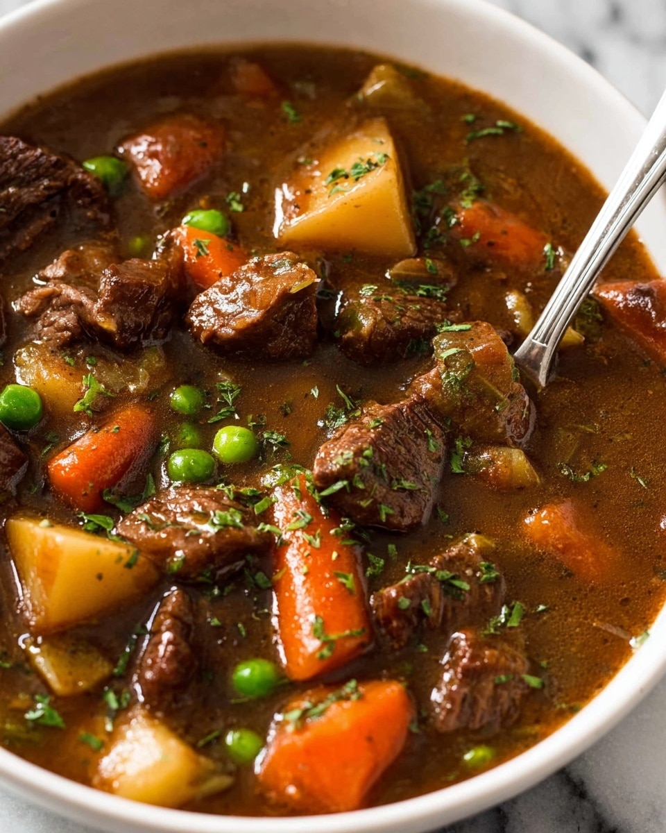 A close-up view of a bowl of beef stew, showing about three layers: the top layer has a shiny, brown thick broth with small green herb bits sprinkled on it; the middle layer has chunks of tender beef pieces with a slightly browned texture, orange carrot slices, light yellow potato cubes, green peas, and celery pieces, all resting in the broth; the bottom layer is the white ceramic bowl holding the stew, visible around the edges. The stew looks rich and hearty with the stew components floating evenly in the broth. Photo taken with an iphone --ar 4:5 --v 7
