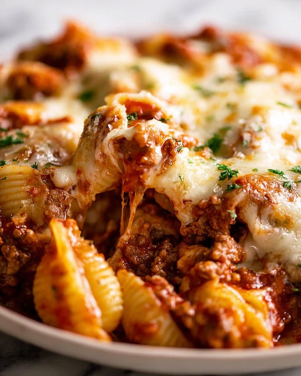 The image shows a close-up of a baked pasta dish with three visible layers. The bottom layer is a rich, thick red meat sauce mixed with ground meat, giving a chunky texture. The middle layer consists of tubular pasta, coated in the sauce and slightly visible through the cheese. The top layer is golden melted cheese with a few browned spots, appearing stretchy and gooey. Small green herb pieces are sprinkled on top. The dish is served in a white baking dish, placed on a white marbled surface. photo taken with an iphone --ar 4:5 --v 7