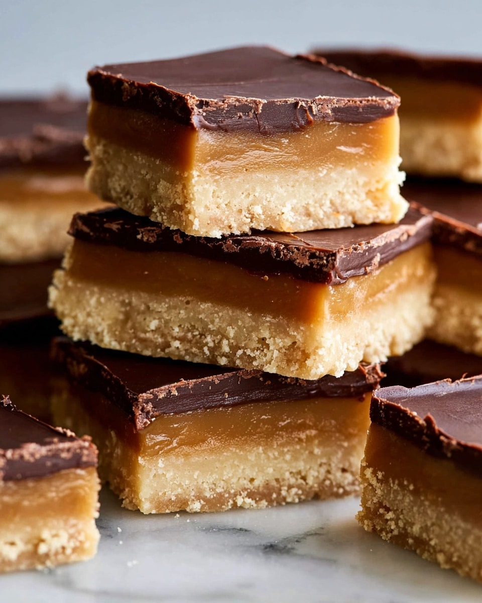 A close-up of a stack of square bars with three clear layers, each bar showing a crumbly light brown base layer with a rough texture, topped by a thick, smooth middle layer of caramel color that looks soft and glossy, and finished with a shiny, dark chocolate layer that is thin and smooth on top; the bars are neatly piled on a white marbled surface, showing different angles of the layers clearly. photo taken with an iphone --ar 4:5 --v 7
