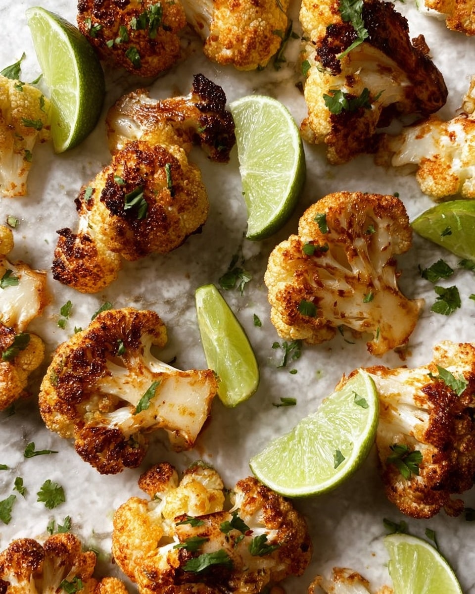 The image shows roasted cauliflower florets with a golden brown toasted texture, some parts darker and crispier, scattered on a white marbled surface. Each floret has a light crunch look and is sprinkled with small green herb pieces. Among the cauliflower pieces, there are several thin lime slices with a fresh green color and visible juicy texture. The presentation is casual, with natural shadows highlighting the rough surface of the cauliflower and the smooth lime slices. photo taken with an iphone --ar 4:5 --v 7
