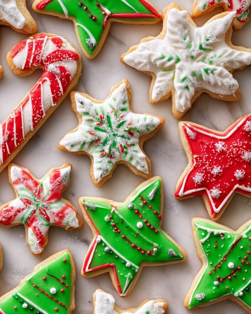 The image shows a close-up of decorated Christmas sugar cookies arranged on a white marbled surface. There are three main shapes: green Christmas trees with white zigzag icing and small red and silver round decorations, white snowflakes with red or green detailed icing lines and dots on top, and red or green stars decorated with white zigzag lines and small sparkly sugar crystals. Additionally, white candy cane cookies have red stripes across them. The cookies have a golden-brown base and colorful smooth icing with a festive look. Photo taken with an iphone --ar 4:5 --v 7