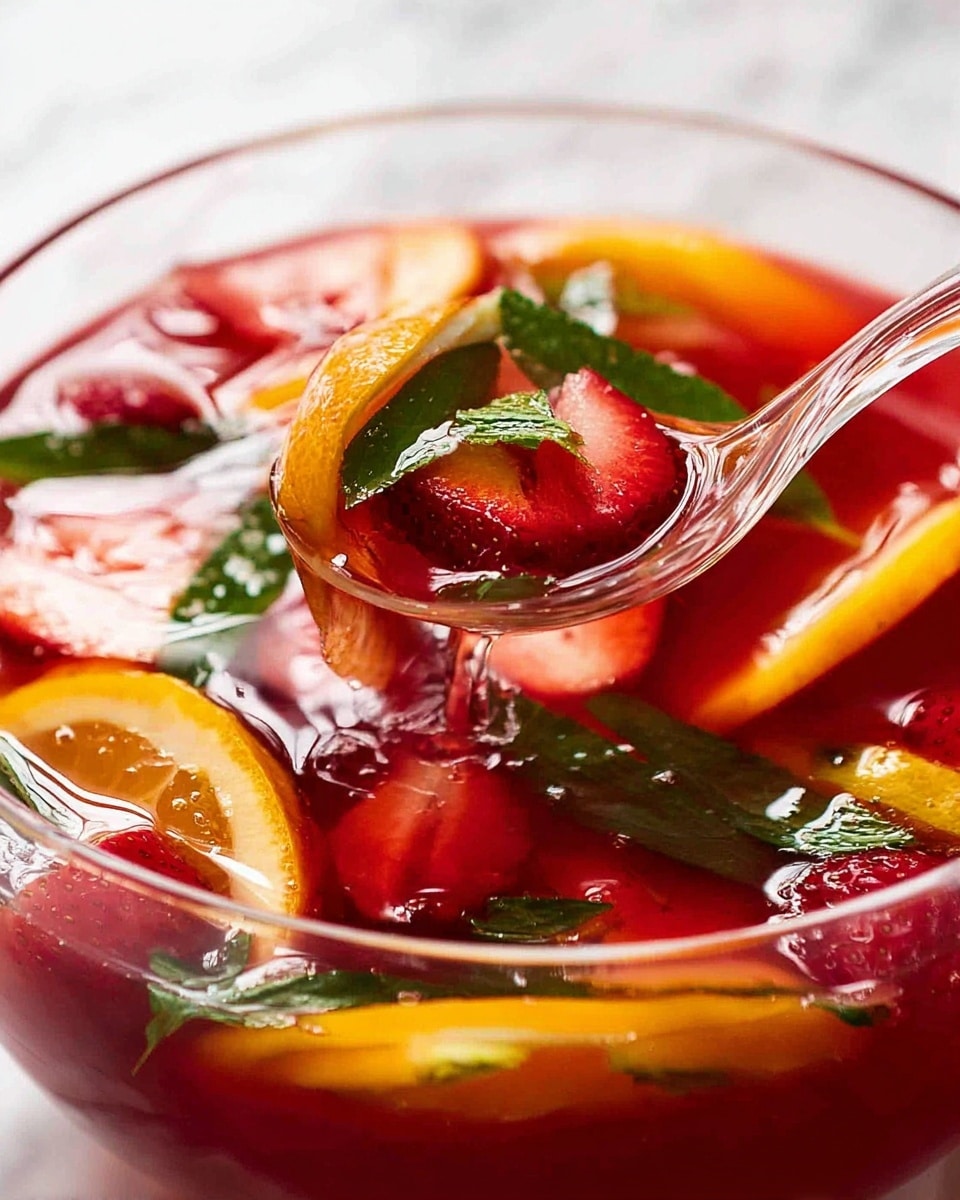 A clear glass bowl filled with a red liquid, containing several floating layers of fruit and leaves. The bottom layer shows slices of orange, thin lemon slices with visible seeds, and red strawberries cut in half. Above that, bright green mint leaves are spread evenly across the surface. The fruit pieces have a smooth texture with shiny reflections from the liquid. A clear ladle is partially submerged in the bowl, lifting some fruit slices and green leaves. The background is a white marbled surface. photo taken with an iphone --ar 4:5 --v 7