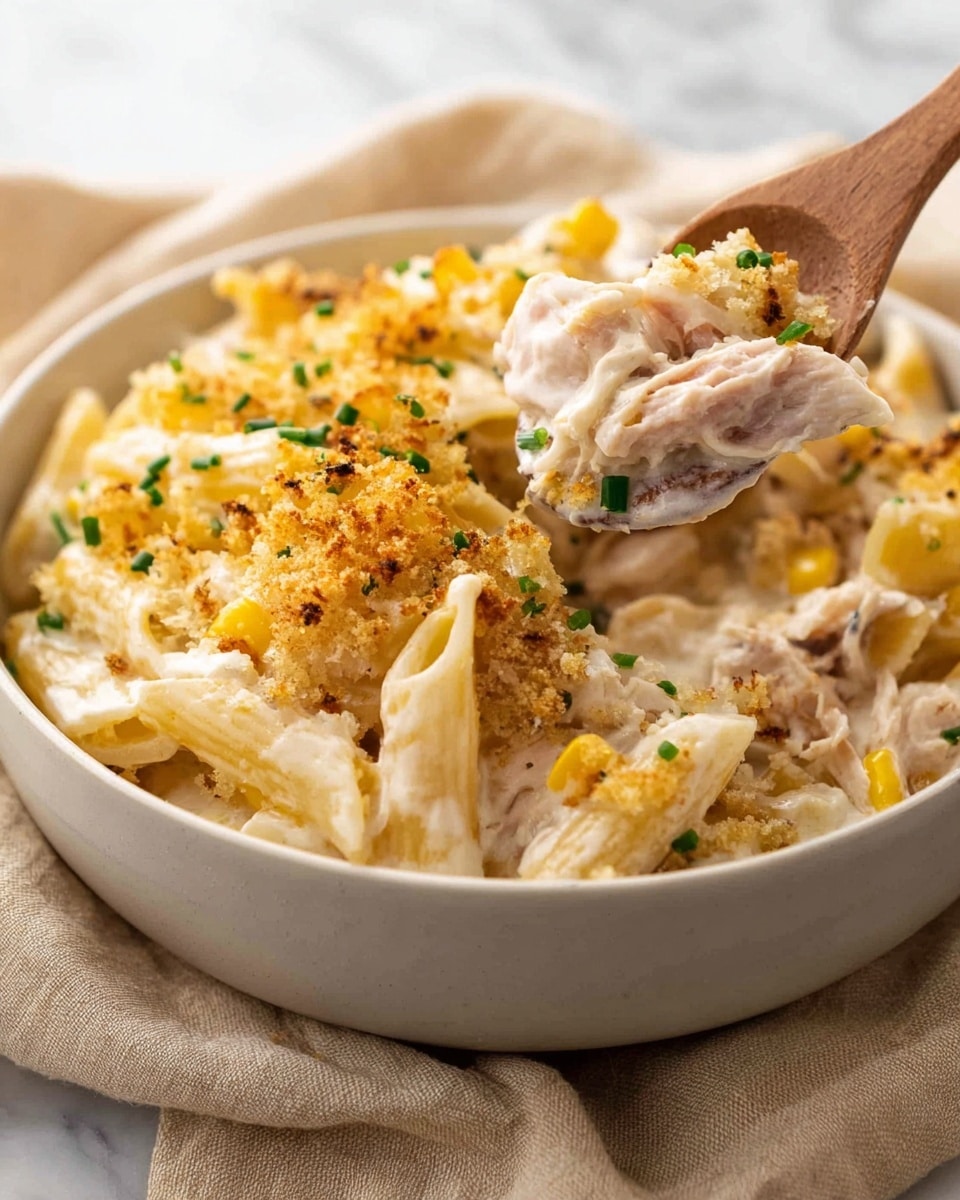 A close-up of a bowl with creamy pasta bake, showing layers of ridged penne pasta coated in a thick white sauce, chunks of light pink shredded chicken mixed throughout, and small bits of yellow corn adding color. The top layer is golden and crispy with finely browned breadcrumb crumbs, sprinkled with chopped green herbs. A white wooden spoon is partially submerged in the bowl, ready to scoop the dish. The bowl is white and sits on a soft beige cloth against a white marbled surface. photo taken with an iphone --ar 4:5 --v 7