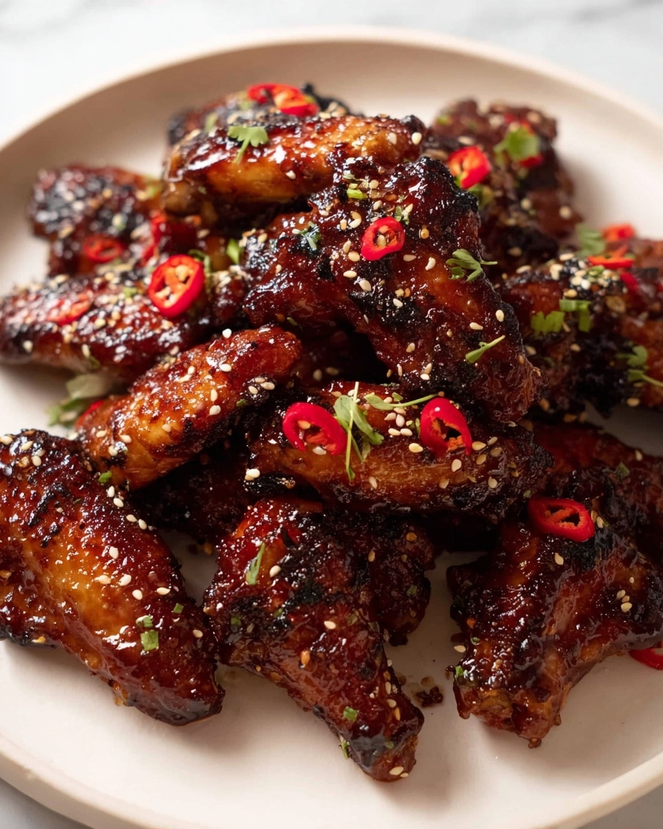 A white plate holds a large pile of glazed chicken wings, each covered in a shiny dark brown sauce with a sticky texture. The wings are slightly charred around the edges, adding a blackened contrast to the rich brown. Scattered over the wings are small white sesame seeds and thin slices of red chili pepper, adding pops of light and color. Tiny bits of green garnish, possibly scallions, are sprinkled over the wings, creating a fresh contrast to the dark sauce. The plate sits on a white marbled surface, making the colors of the wings stand out. photo taken with an iphone --ar 4:5 --v 7