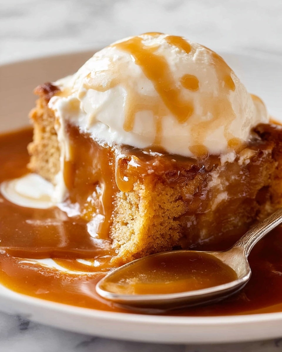 A close-up of a warm dessert with three layers: the bottom is a thick, glossy brown sauce with a smooth texture, covering the bottom of a white dish; above that is a soft, golden-brown cake layer with a crumbly texture; on top sits a scoop of creamy white vanilla ice cream melting slightly over the cake. A spoon dipped in the brown sauce rests in the dish near the cake. The background is softly blurred with warm tones and the surface is a white marbled texture. Photo taken with an iphone --ar 4:5 --v 7