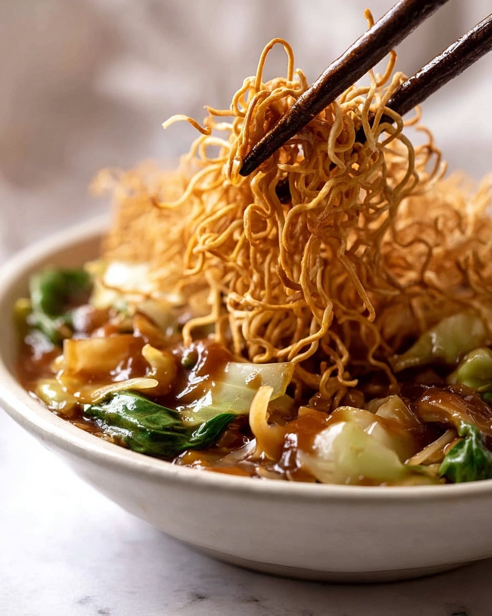 The image shows a close-up of crispy golden-brown fried noodles being lifted by dark brown chopsticks from a bowl. The bowl is white, filled with three main layers: at the bottom, there is a glossy brown sauce; in the middle, there are cooked pieces of green leafy vegetables and chunks of light brown meat mixed with some carrots in the sauce; on the top, the lifted noodles are twisted and crunchy with a shiny texture. The background has a soft white marbled texture, giving a clean and bright look. Photo taken with an iphone --ar 4:5 --v 7