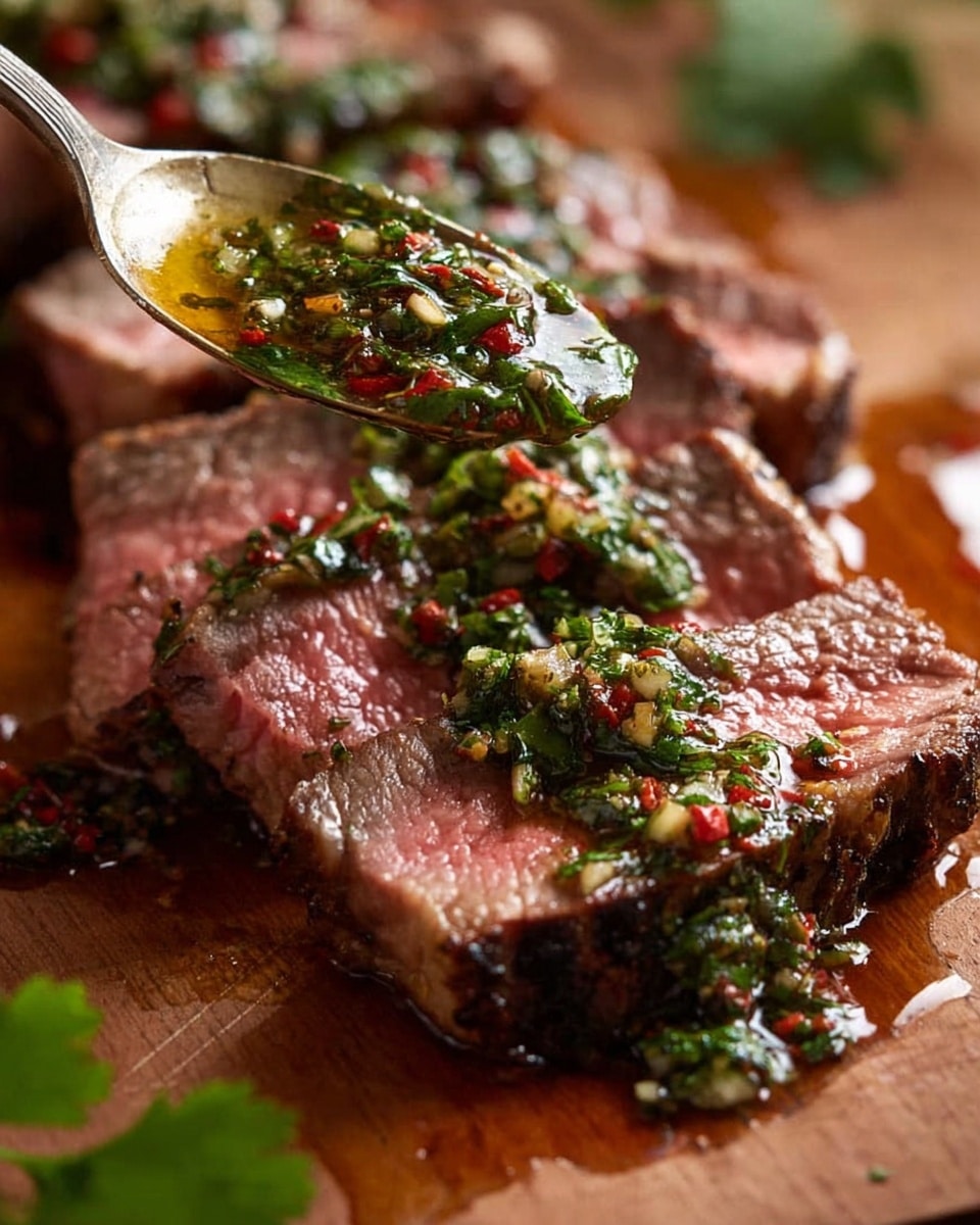 A close-up image of sliced steak on a wooden board showing three layers: the outer layer is a dark brown grilled crust, the middle layer a lighter brown cooked edge, and the inner layer a pinkish-red juicy center. On top of the steak is a shiny green herb sauce with visible chopped herbs and small red chili pieces. A metal spoon is held over the slices by a woman's hand, spreading the herb sauce evenly. The background is a soft focus with hints of fresh herbs, all set against a white marbled textured surface. photo taken with an iphone --ar 4:5 --v 7