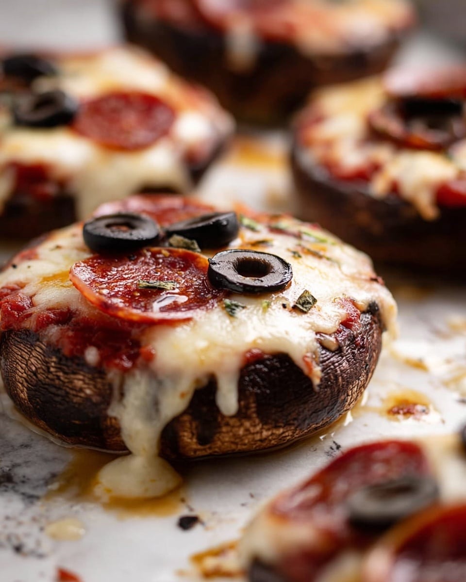 A close-up image of mini stuffed mushrooms on a white marbled surface, each mushroom having three layers: the base is a dark brown mushroom cap, the middle layer is a thick, melted creamy white cheese that drips slightly over the edges, and the top layer has small red pieces of pepperoni and sliced black olives with a glossy texture, along with tiny green herb bits scattered over the cheese. The mini stuffed mushrooms are placed closely together showing melted cheese and a bit of reddish sauce residue on the surface. Photo taken with an iphone --ar 4:5 --v 7