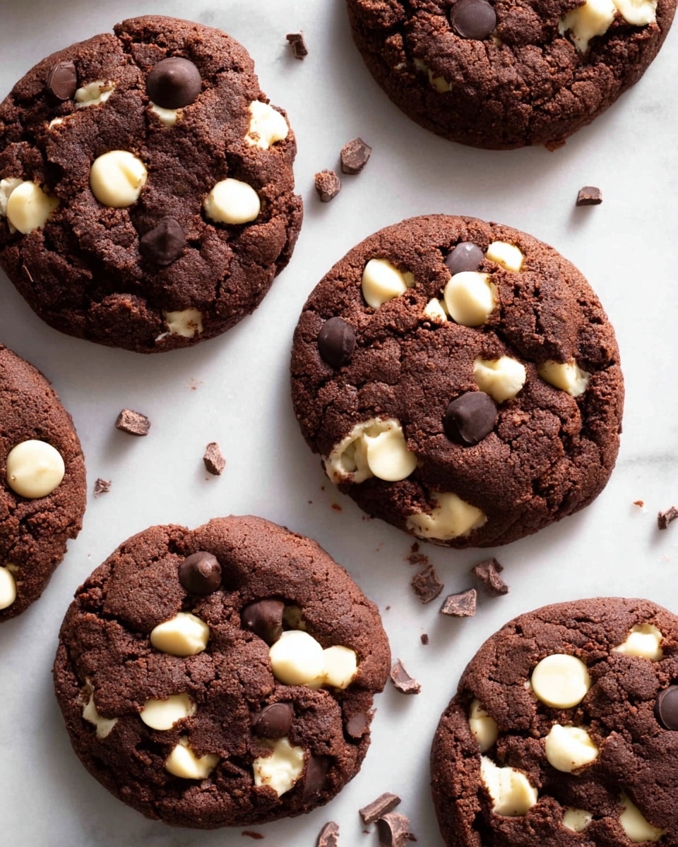 The image shows several dark brown chocolate cookies scattered on a white marbled surface. Each cookie is thick and round, with uneven, slightly cracked textures. Large, round white chocolate chips are embedded throughout the cookies, some partially melted, giving a creamy contrast to the dark dough. Smaller dark chocolate chips are also dotted on the cookies and the surface, adding extra texture. Small crumbs and chocolate chips are scattered between the cookies, enhancing the casual, freshly baked appearance. photo taken with an iphone --ar 4:5 --v 7