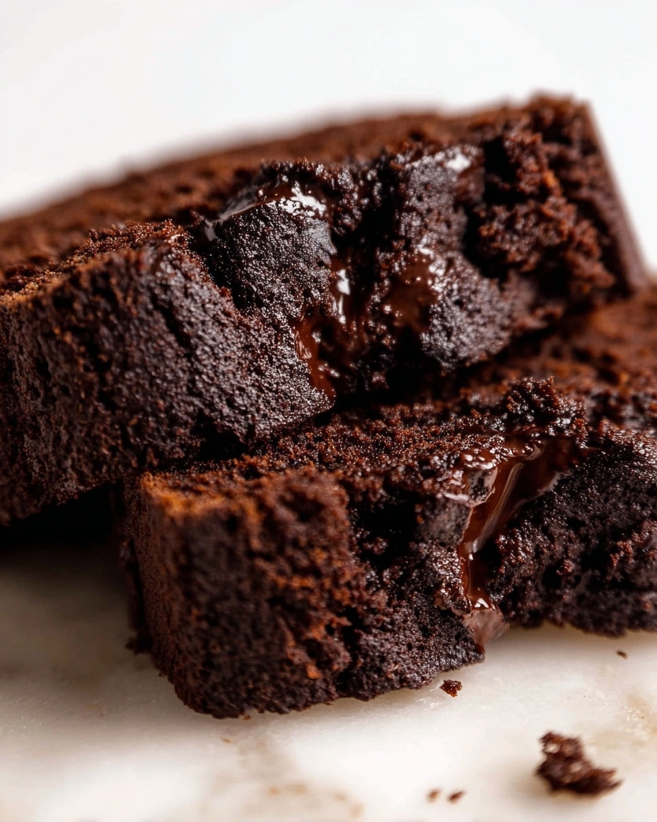 A close-up view of two thick slices of dark chocolate cake stacked slightly overlapping on a white marbled surface, each slice showing a rich, moist, and crumbly texture with melted chocolate pockets visible inside, creating glossy, smooth patches contrasting with the rough cake. The cake’s deep brown colors and small crumb details draw focus to the gooey chocolate sections in the middle layer. The scene is tightly framed to emphasize the rich texture. photo taken with an iphone --ar 4:5 --v 7