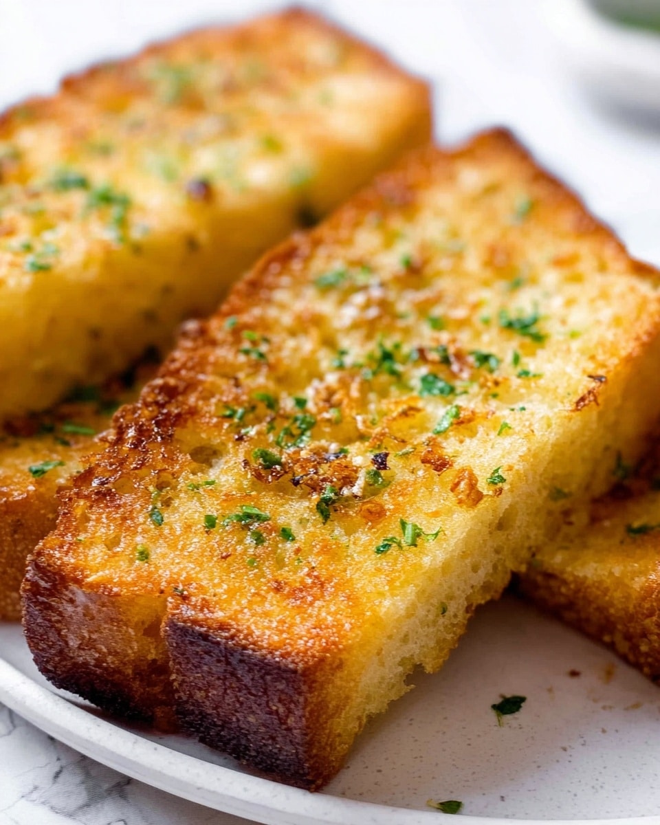 The image shows three thick slices of toasted bread arranged closely next to each other. Each slice has a golden-brown, crispy crust with a crumbly texture on top, sprinkled with finely chopped green herbs and small bits of toasted seasoning. The inside of the bread is soft and airy, visible on the middle slice. The slices are placed on a white plate with a white marbled surface in the background. Photo taken with an iphone --ar 4:5 --v 7
