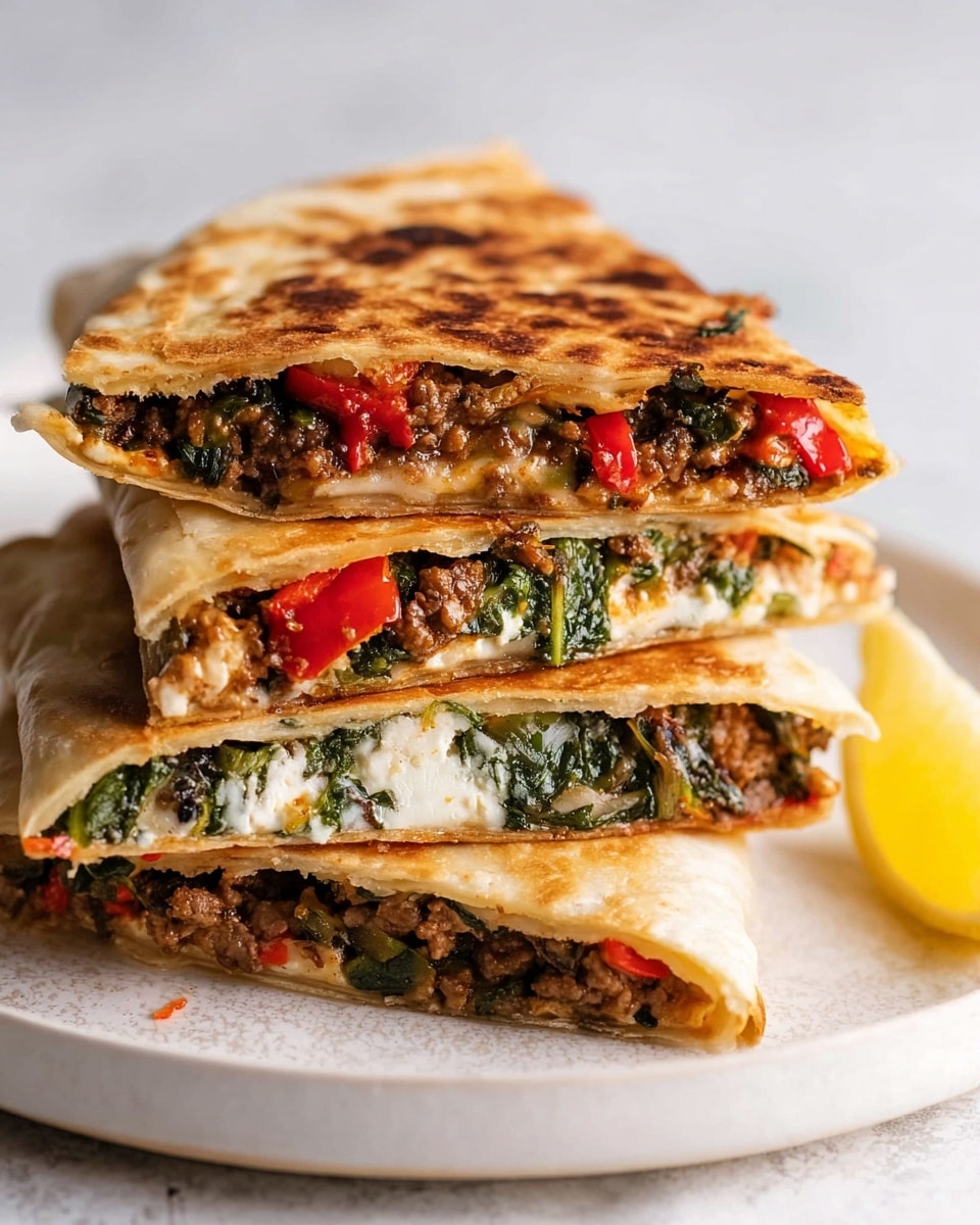 A stack of four grilled quesadilla pieces rests on a white plate with a textured pattern, placed on a white marbled surface. Each quesadilla piece shows two layers of golden-brown toasted tortilla with visible fillings; the top three pieces contain a mix of brown cooked meat, wilted green spinach or herbs, small bits of white cheese, and red diced peppers. The bottom piece has a green leafy filling and crumbled white cheese. A bright yellow lemon wedge sits on the plate beside the stack, adding a fresh color contrast. The quesadilla edges are crisp, with crumbs scattered lightly around. Photo taken with an iphone --ar 4:5 --v 7