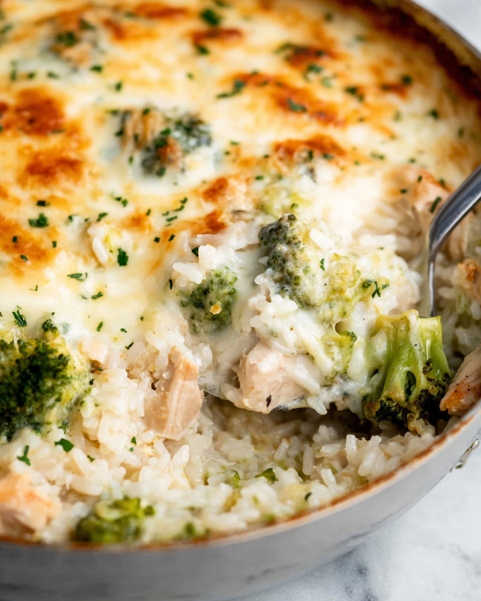 A close-up shot of a creamy baked rice and broccoli casserole inside a white pot, showing about three visible layers: the top layer is a melted, golden-brown cheese crust with sprinkled green herbs, beneath it is a thick layer of creamy white sauce mixed with soft white rice, and the bottom layer includes bright green broccoli florets and chunks of tender meat. A metal spoon scoops a portion from the pot, revealing the soft textures and moist ingredients together, all set against a white marbled background. Photo taken with an iphone --ar 4:5 --v 7
