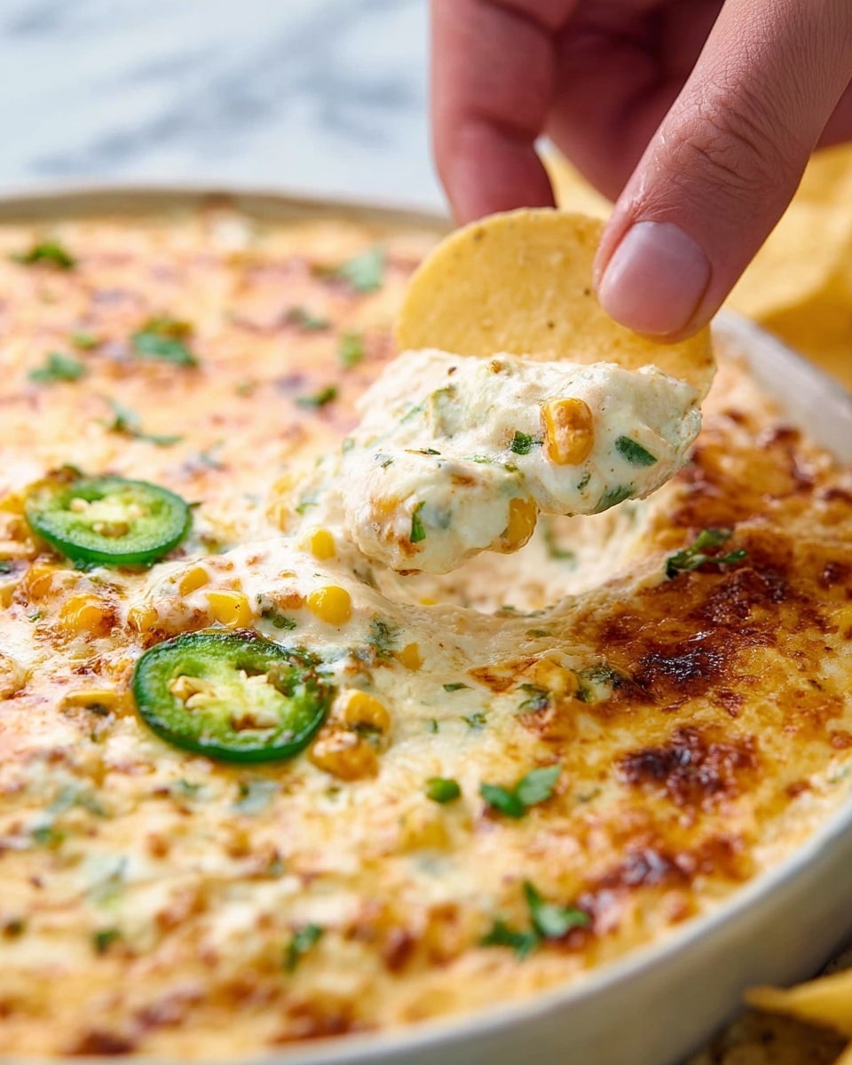 A close-up image showing a creamy dip on a white dish with three visible layers: a thick, melted cheese base with a smooth, slightly shiny orange and white texture at the bottom; a creamy white layer with visible bits of corn and green herbs in the middle; and a topping of chopped green jalapeños, roasted brown corn kernels, and fresh green herbs scattered unevenly on top. A woman's hand is holding a round, crispy chip dipped into the creamy middle layer, lifting it slightly above the dish. The background features a white marbled surface. photo taken with an iphone --ar 4:5 --v 7