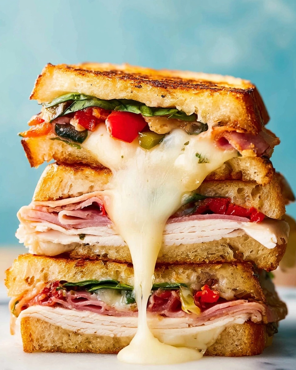 The image shows a close-up of a triple-stacked sandwich cut in half to reveal its layers, with creamy melted cheese stretching and dripping down the sides. Each sandwich layer has soft golden brown toasted bread on top and bottom, followed by thin layers of sliced ham in light pink, roasted red and green peppers, fresh green spinach leaves, and slices of turkey or chicken breast in pale beige. The melted cheese appears in smooth off-white layers around and between the fillings, giving a rich and gooey texture. The background is a soft blue color, and the whole sandwich stack sits on a white marbled surface. Photo taken with an iphone --ar 4:5 --v 7