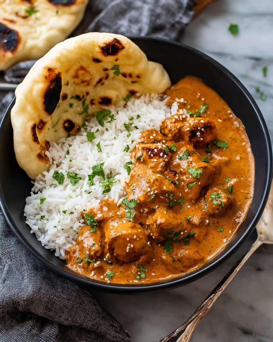A black bowl filled with a base of fluffy white rice as the first layer. On top of the rice, there is a thick layer of golden-orange curry sauce with visible chunks of browned chicken covered in the smooth, creamy sauce. To the side of the curry, a piece of folded naan bread with light brown spots and sprinkled with small green herbs rests inside the bowl. The bowl sits on a white marbled surface with a silver spoon and gray cloth nearby. The curry is garnished with chopped fresh green cilantro leaves scattered over the sauce. Photo taken with an iphone --ar 4:5 --v 7