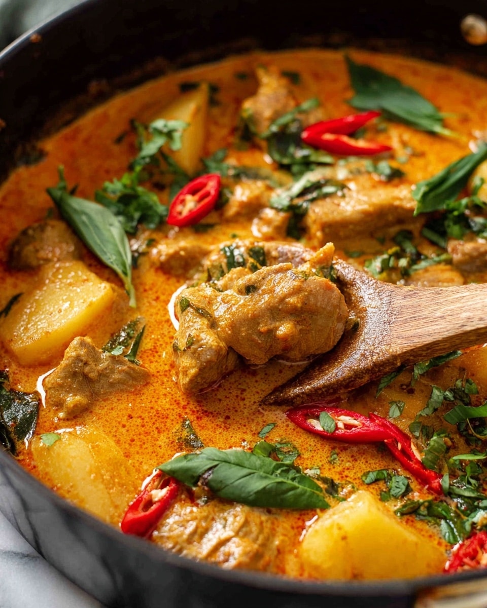 A close-up view of a creamy orange curry in a black pot, showing chunks of tender meat and potatoes submerged in a rich sauce. The dish is garnished with bright green herbs like cilantro and basil, along with sliced red chili peppers that add vibrant pops of color on top. A wooden spoon is lifting a piece of meat, revealing its juicy texture surrounded by the thick, smooth curry. The background is a white marbled texture. photo taken with an iphone --ar 4:5 --v 7