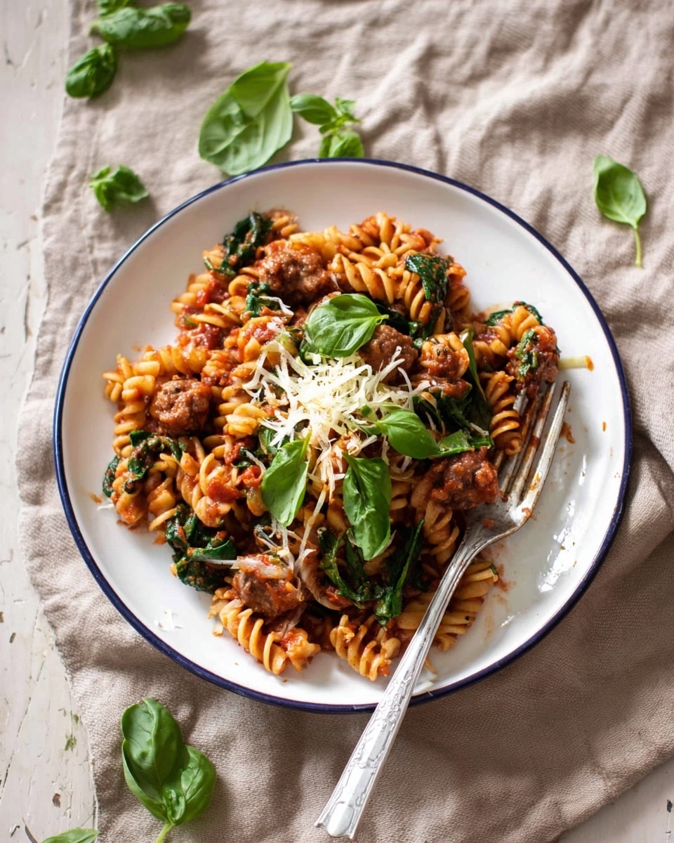 A white plate holds a serving of rotini pasta covered in rich red tomato sauce, mixed with small browned sausage pieces and wilted dark green spinach leaves. On top, there is a sprinkle of shredded pale cheese and fresh green basil leaves scattered around. A silver fork rests on the right side of the plate, which is placed on a beige fabric over a white marbled surface. Some loose basil leaves are scattered near the plate photo taken with an iphone --ar 4:5 --v 7