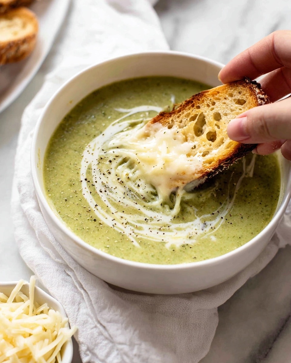 A white bowl filled with creamy green soup, topped with shredded cheese and a swirl of cream. A toasted slice of bread with a crispy golden-brown crust is being dipped into the soup by a woman's hand, with melted cheese clinging to the bread’s edge. The bowl is set on a white marbled surface with a soft cloth underneath, and a small white plate with more shredded cheese is seen nearby. Photo taken with an iphone --ar 4:5 --v 7