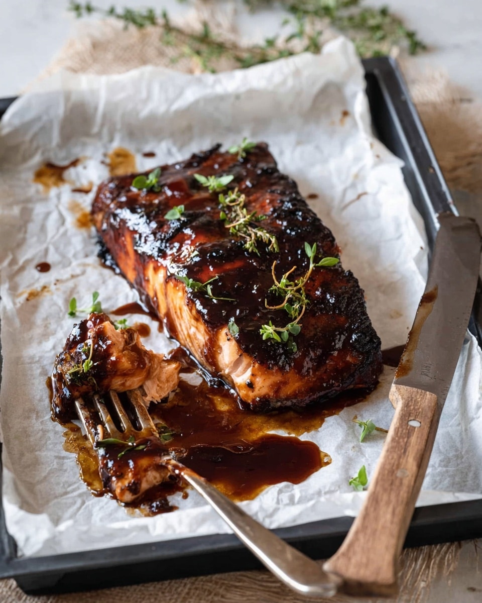 A piece of grilled salmon with a dark, glossy glaze sits on white parchment paper on a black tray. The salmon has a rich brown color with some charred black edges and is garnished with small green herb leaves scattered on top. A silver fork holds a small flaked piece of salmon in the bottom left, and a knife with a brown wooden handle rests next to the salmon. There is dark sauce spread around the fish on the paper. The background is a white marbled texture. photo taken with an iphone --ar 4:5 --v 7
