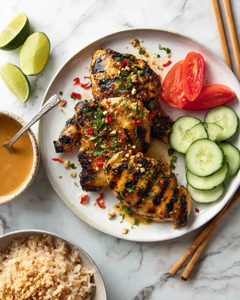 Three grilled chicken pieces with char marks and sprinkled fresh green herbs and red chili flakes sit on the right side of a white plate. On the far right edge of the plate, there is a small pile of sliced cucumber and tomato chunks, also sprinkled with green herbs. Around the plate on a white marbled surface are three lime wedges placed diagonally. At the bottom left, a small ceramic bowl holds a brown peanut sauce with a spoon inside. At the bottom right, there is a ceramic bowl filled with cooked rice, topped with a pair of wooden chopsticks resting diagonally across it. photo taken with an iphone --ar 4:5 --v 7