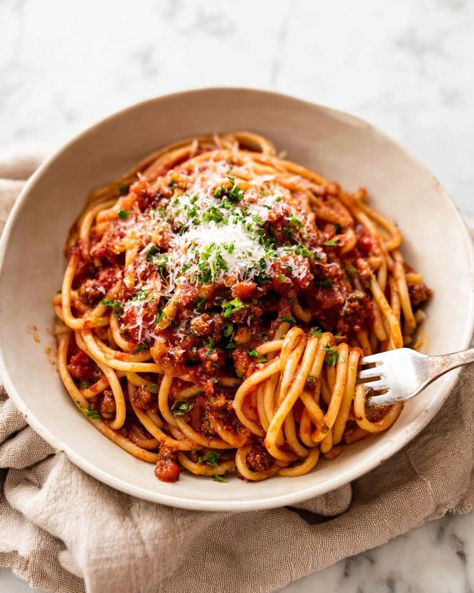 A white bowl filled with a heap of spaghetti pasta coated in a rich, red tomato-based sauce mixed with small chunks of browned meat. The pasta strands are twisted together in a loose pile with visible bits of sauce clinging to them. On top, there is a sprinkling of white grated cheese and finely chopped green herbs, adding contrast. A silver fork is partially wrapped with pasta on the right side of the bowl. The bowl is set on a white cloth napkin placed on a white marbled surface. Photo taken with an iphone --ar 4:5 --v 7