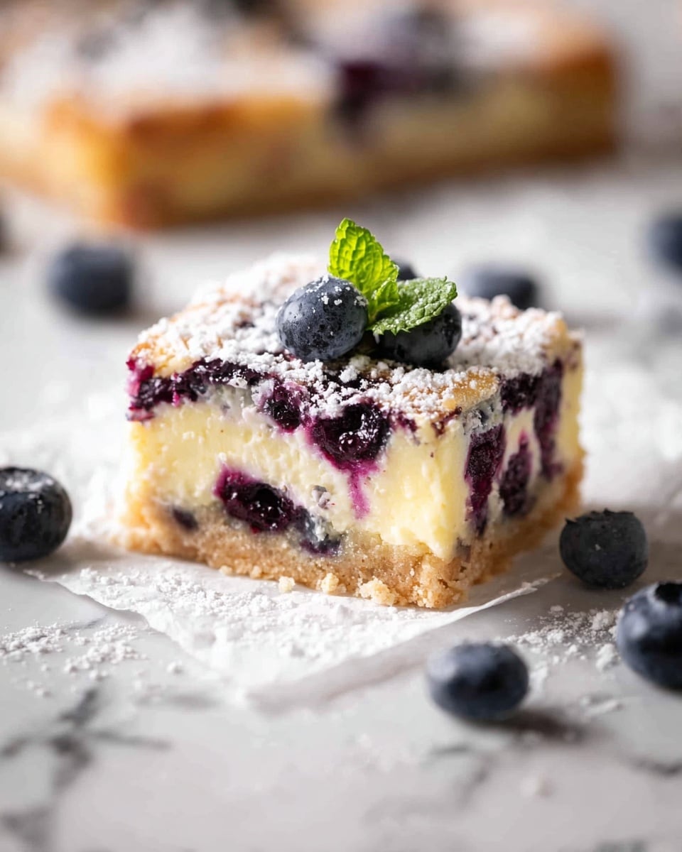 A single square piece of blueberry cheesecake bar sits on white parchment paper over a white marbled surface. The bottom layer is a golden brown crumbly crust. The thick middle layer is creamy pale yellow cheesecake filled with whole and halved dark purple blueberries. The top layer is dusted with white powdered sugar, with more whole blueberries pressed into the surface and a small green mint leaf garnish on one corner. Scattered fresh blueberries are around the cheesecake bar on the white marbled surface. photo taken with an iphone --ar 4:5 --v 7